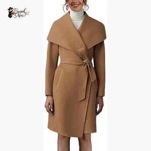 Polyester Pea Trench Coat Lapel Collar Long Jacket Belted Overcoat